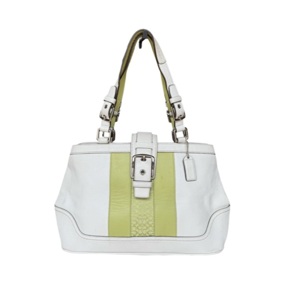 Coach Hampton White Leather Stripe Buckle Double Handle Satchel Bag